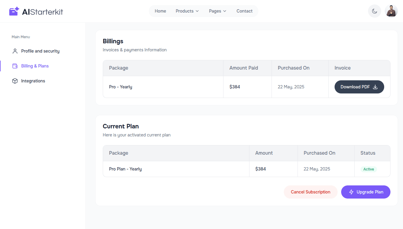 Displays current subscription plan, payment history, and downloadable invoices.