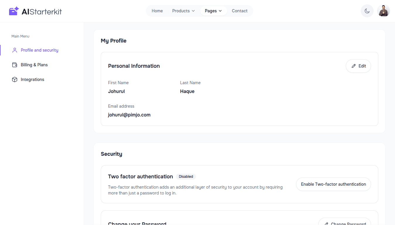 Modern dashboard for updating personal details and securely changing passwords.