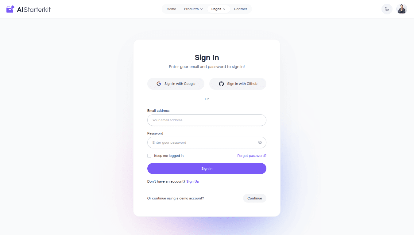 Sign-in page with email/password authentication, social login, and built-in input validation.