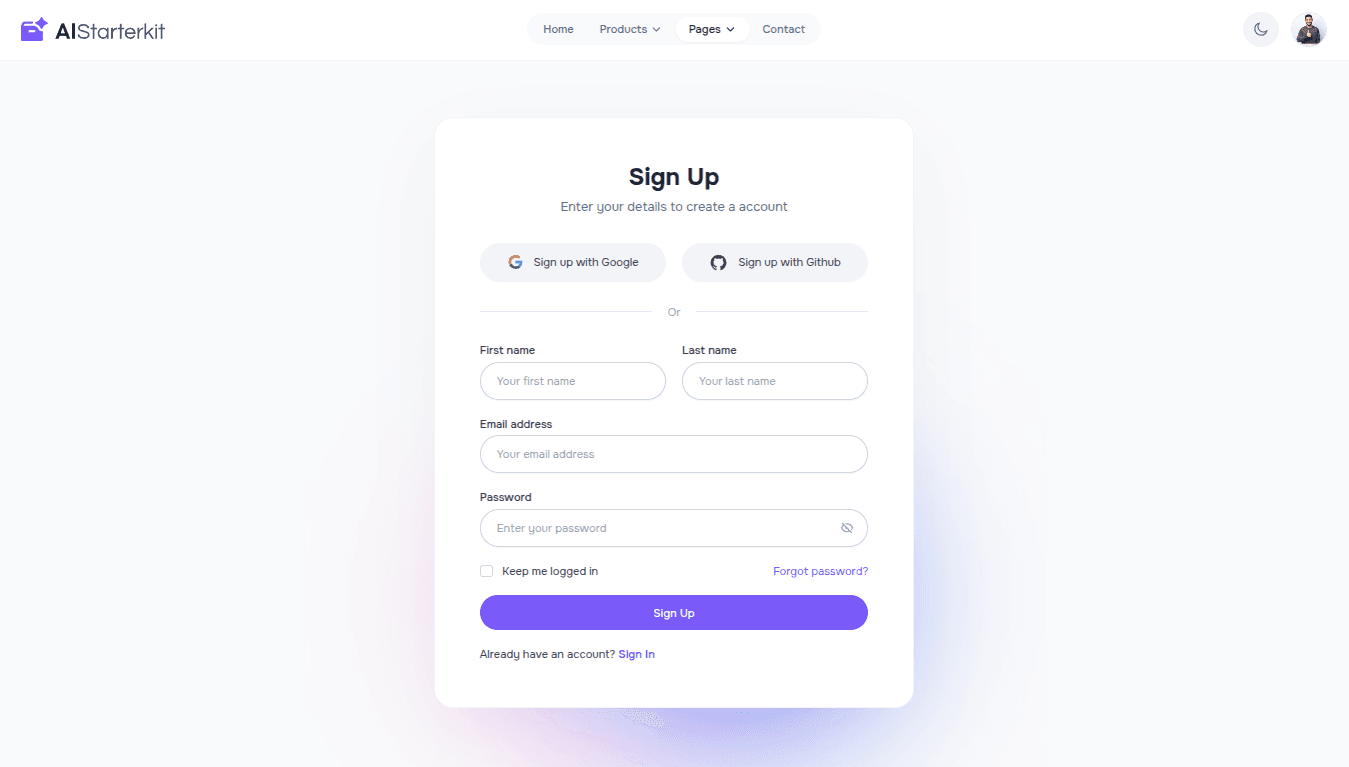 Complete Sign-up form with name, email and password fields, social auth, and built-in input validation.
