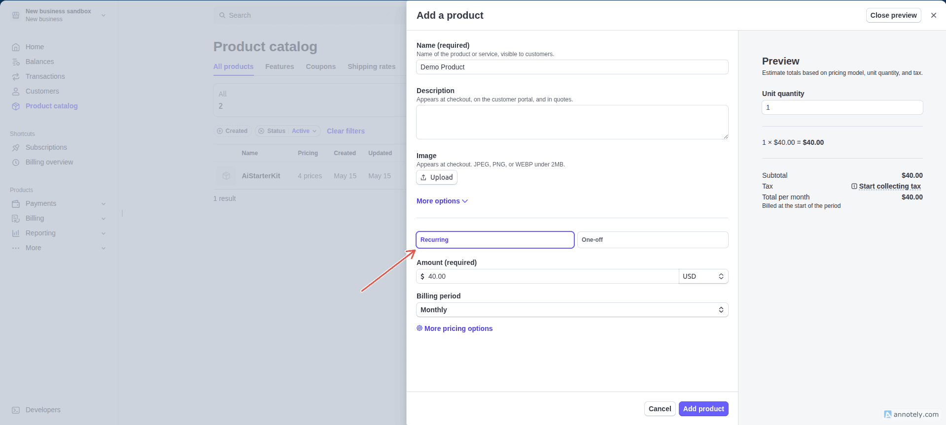Stripe - Adding a product and choosing Recurring payment